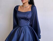 Атласна корсетна сукня з пишною подвійною спідницею та об‘ємними рукавами | PUSHKA SHOP