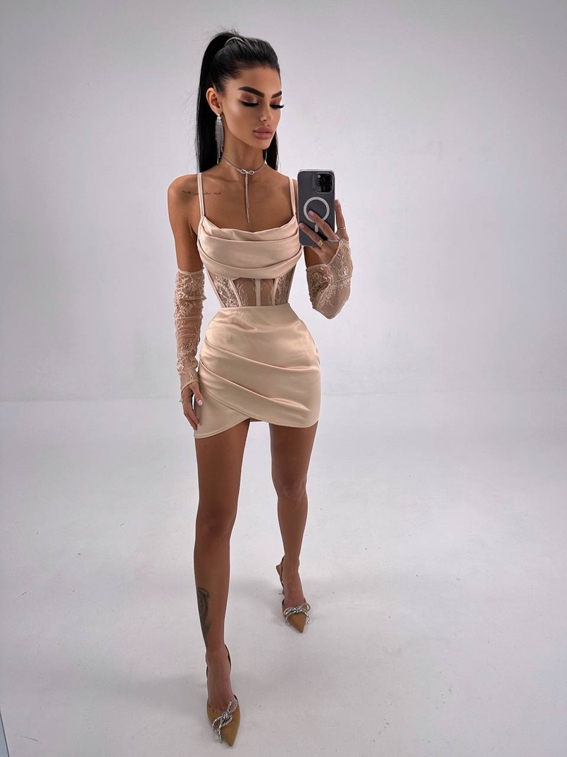 Комплект: корсет, декорований мереживом   + рукавички+ спідниця міні з драпіруванням   Комплект: корсет, декорований мереживом   + рукавички+ спідниця міні з драпіруванням   | PUSHKA SHOP