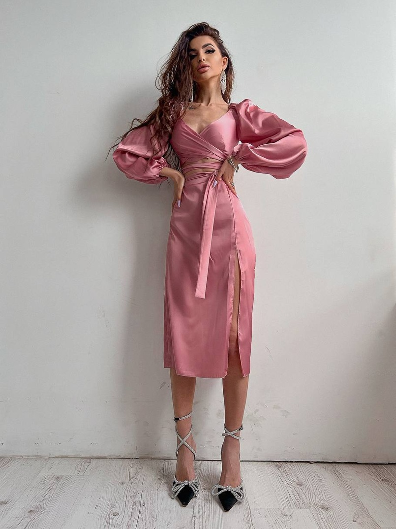 Шелковый комплект: топ с завязками на талии + юбка миди с разрезом  | PUSHKA SHOP