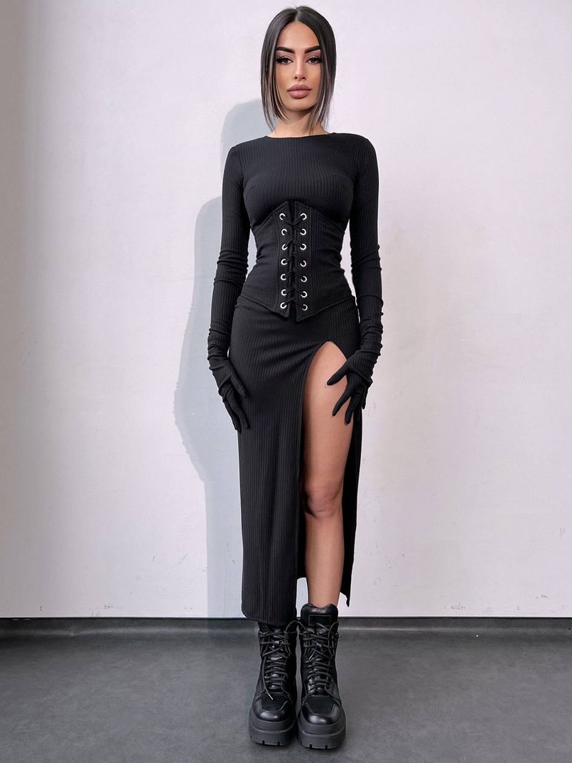 Комплект: трикотажне плаття- міді + корсет + рукавички Комплект: трикотажне плаття- міді + корсет + рукавички | PUSHKA SHOP