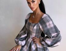 Корсетна сукня з подвійною спідницею та обʼємними рукавами у клітинку  Корсетна сукня з подвійною спідницею та обʼємними рукавами у клітинку  | PUSHKA SHOP