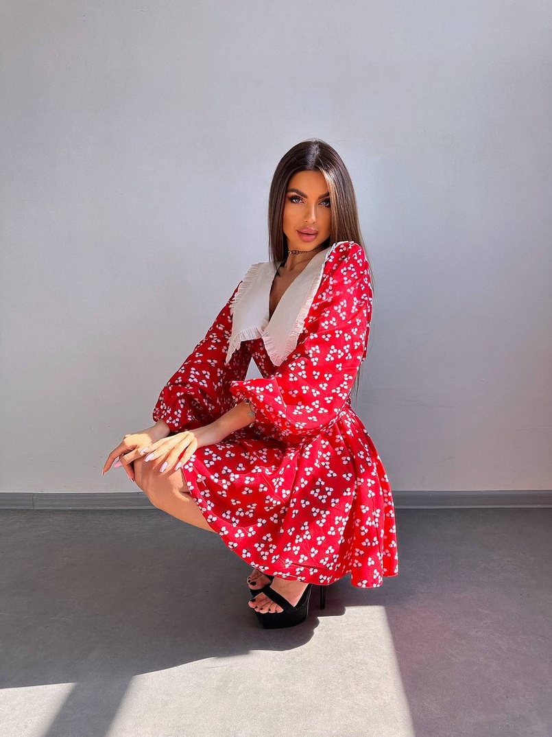 Сукня з коміром та об'ємними рукавами з широким поясом | PUSHKA SHOP