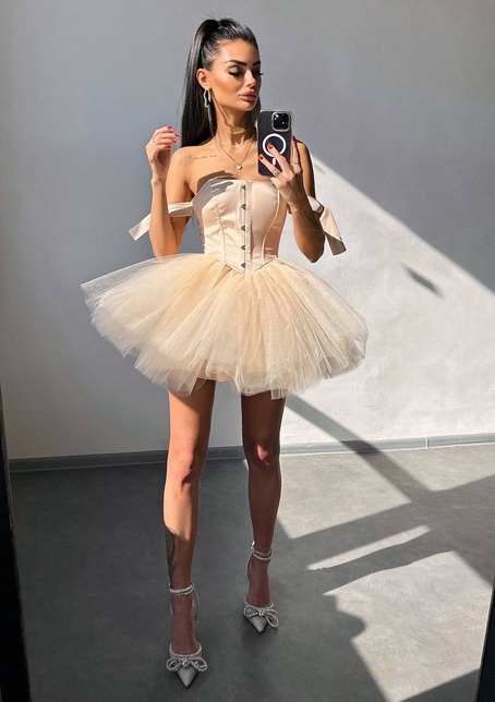 Атласна корсетна сукня міні з гачками та пишною фатиновою спідницею  | PUSHKA SHOP