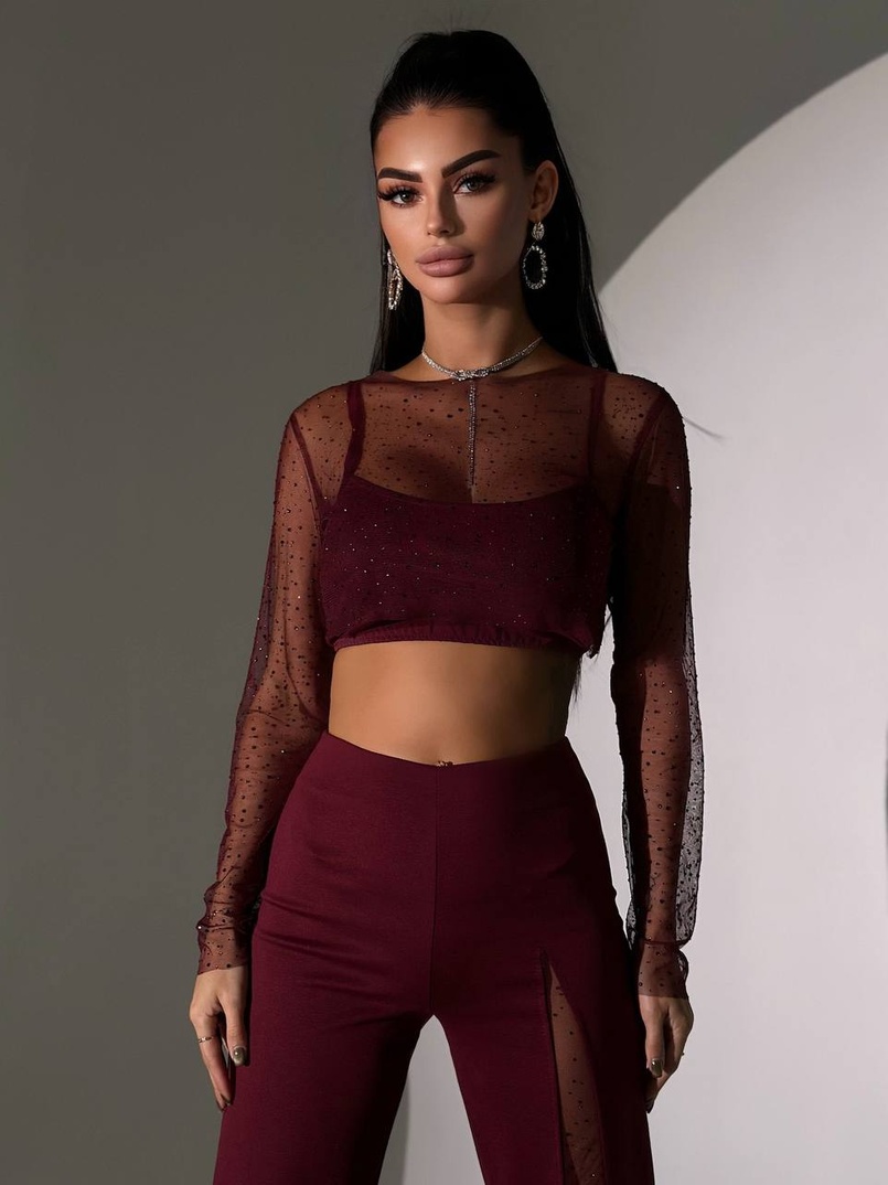 Комплект: топ + штани із сіткою зі стразами  Комплект: топ + штани із сіткою зі стразами  | PUSHKA SHOP