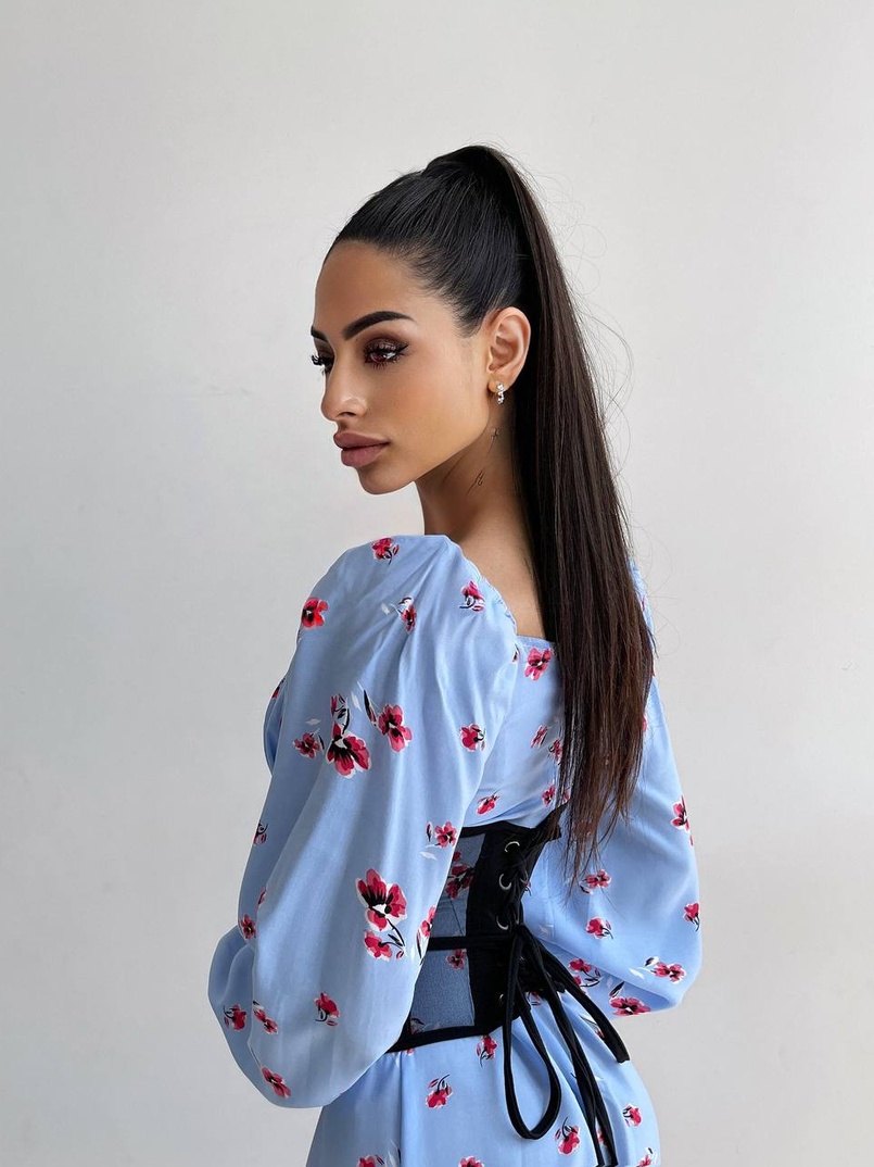 Сукня міді з розрізом в квітковий принт + прозорий корсет  Сукня міді з розрізом в квітковий принт + прозорий корсет  | PUSHKA SHOP