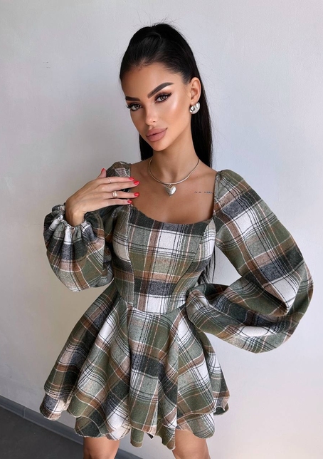 Корсетна сукня з подвійною спідницею та обʼємними рукавами у клітинку  | PUSHKA SHOP