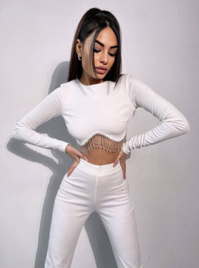 Комплект : штани кльош і топ , декорований бахромою зі страз Ручна робота Комплект : штани кльош і топ , декорований бахромою зі страз Ручна робота | PUSHKA SHOP