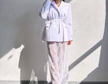 Комплект: піджак + блуза з баской + мереживна спідниця-шорти  Комплект: піджак + блуза з баской + мереживна спідниця-шорти  | PUSHKA SHOP