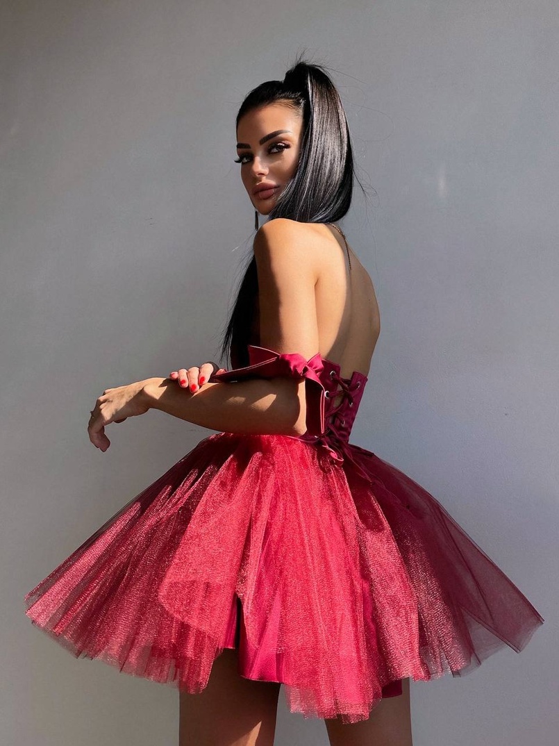 Атласна корсетна сукня міні з гачками та пишною фатиновою спідницею  | PUSHKA SHOP