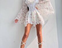 Шифонова сукня на підкладці з розкльошеними рукавами з асиметричною спідницею + корсет декорований стразами  | PUSHKA SHOP