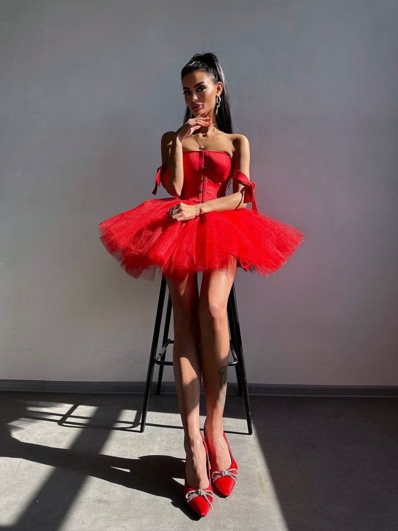 Атласна корсетна сукня міні з гачками та пишною фатиновою спідницею  Атласна корсетна сукня міні з гачками та пишною фатиновою спідницею  | PUSHKA SHOP