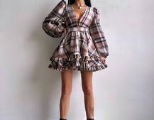 Сукня з подвійною спідницею та обʼємними рукавами у клітинку  Сукня з подвійною спідницею та обʼємними рукавами у клітинку  | PUSHKA SHOP