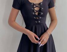 Трикотажное платье-мини со шнуровкой на груди  Трикотажное платье-мини со шнуровкой на груди  | PUSHKA SHOP