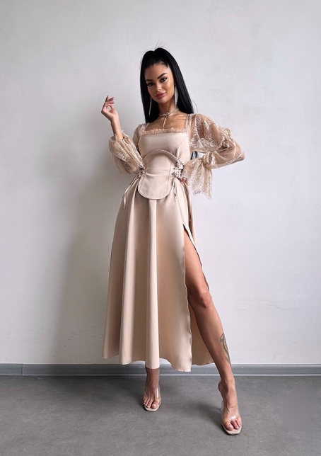 Сукня міді з корсетом декорована мереживом  | PUSHKA SHOP