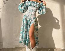 Сукня міді з розрізом в квітковий принт + прозорий корсет  Сукня міді з розрізом в квітковий принт + прозорий корсет  | PUSHKA SHOP