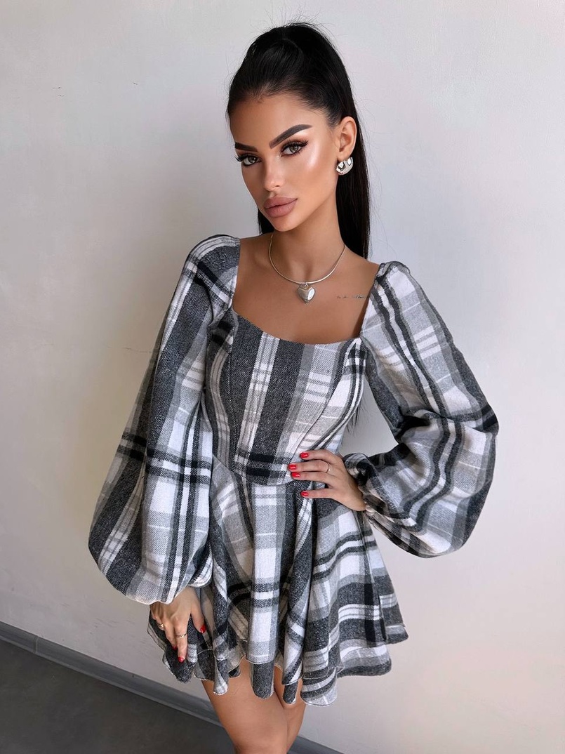 Корсетна сукня з подвійною спідницею та обʼємними рукавами у клітинку  Корсетна сукня з подвійною спідницею та обʼємними рукавами у клітинку  | PUSHKA SHOP