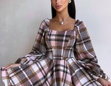 Корсетна сукня з подвійною спідницею та обʼємними рукавами у клітинку  Корсетна сукня з подвійною спідницею та обʼємними рукавами у клітинку  | PUSHKA SHOP