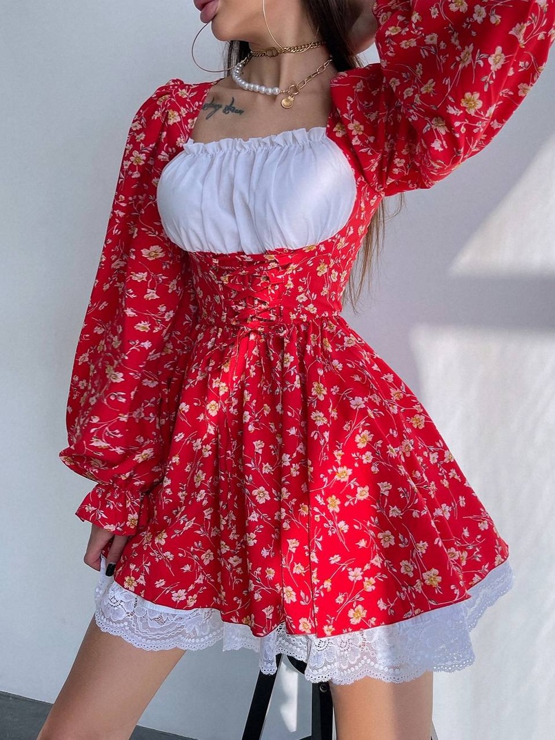 Квіткова сукня,декорована мереживом. Квіткова сукня,декорована мереживом. | PUSHKA SHOP