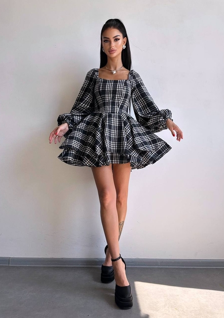 Корсетна сукня з подвійною спідницею та обʼємними рукавами у клітинку  | PUSHKA SHOP