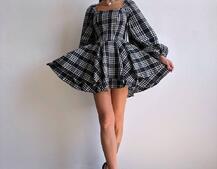 Корсетна сукня з подвійною спідницею та обʼємними рукавами у клітинку  Корсетна сукня з подвійною спідницею та обʼємними рукавами у клітинку  | PUSHKA SHOP