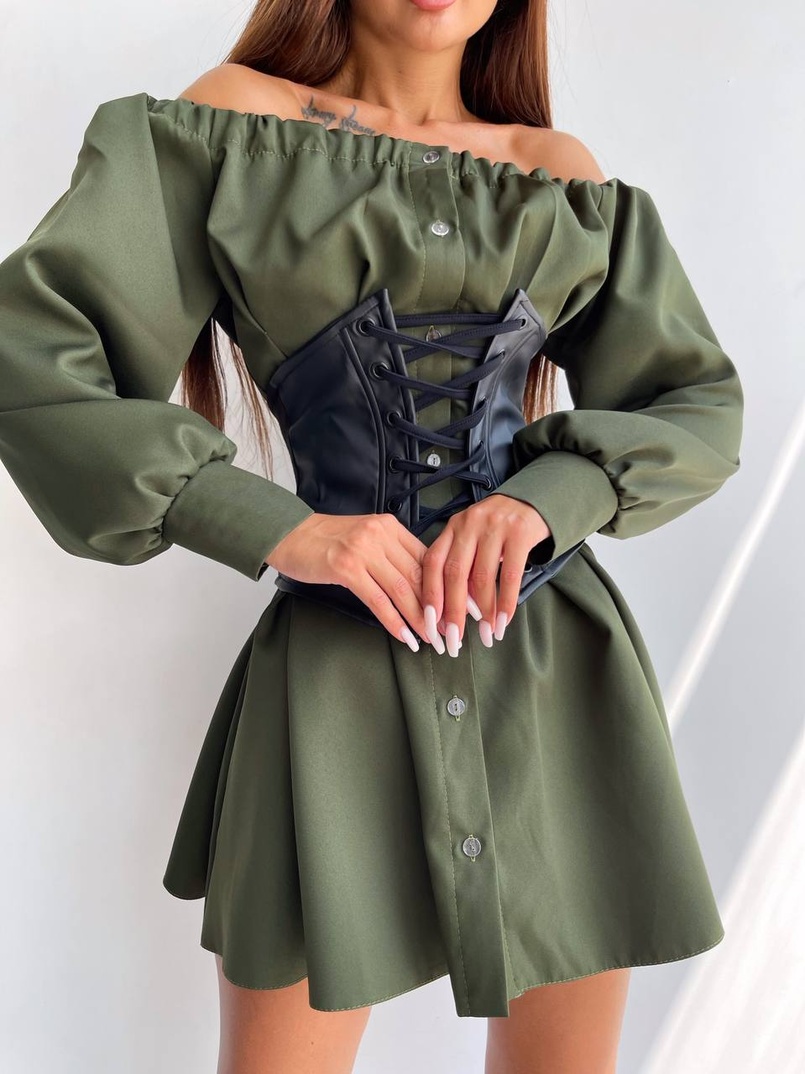 Приталена сукня-сорочка на плічках з корсетом з еко-шкіри | PUSHKA SHOP