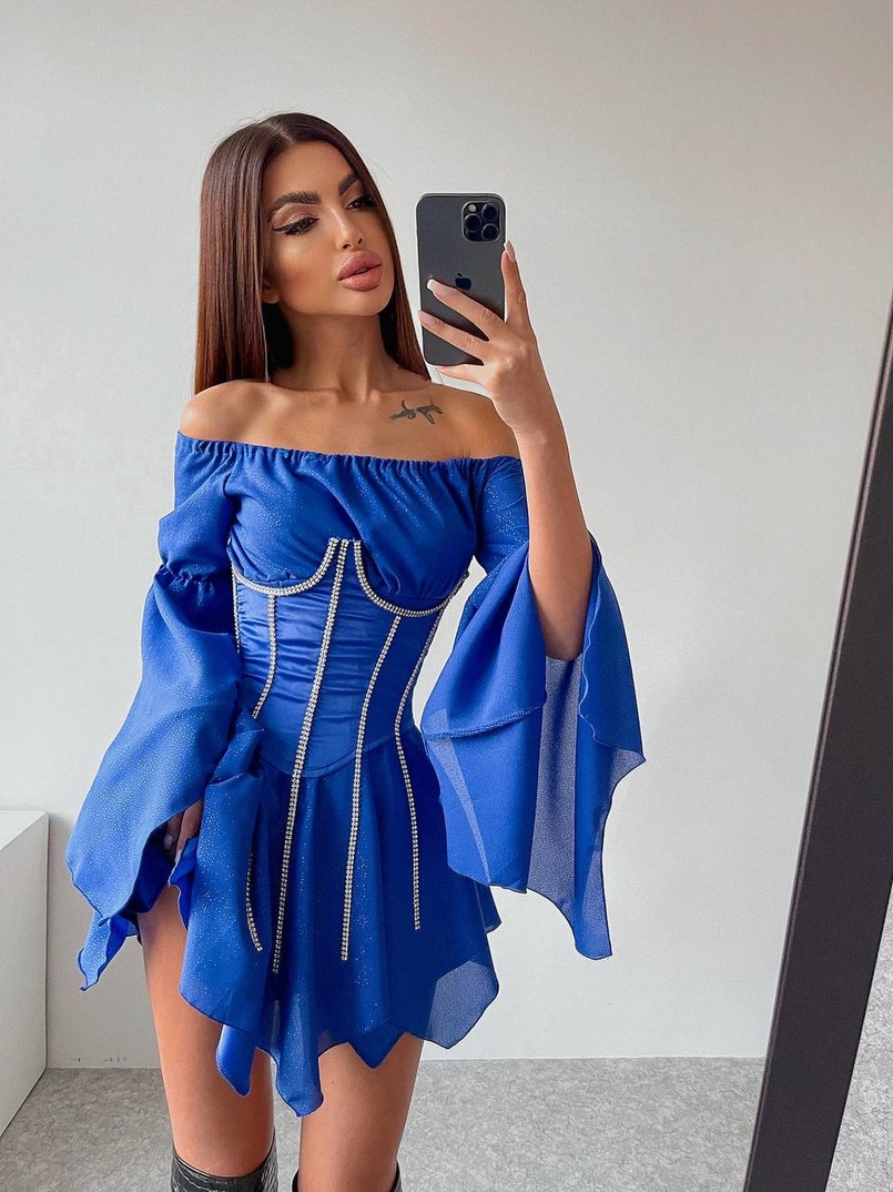 Шифонова сукня на підкладці з розкльошеними рукавами з асиметричною спідницею + корсет декорований стразами Ручна робота! Шифонова сукня на підкладці з розкльошеними рукавами з асиметричною спідницею + корсет декорований стразами Ручна робота! | PUSHKA SHOP