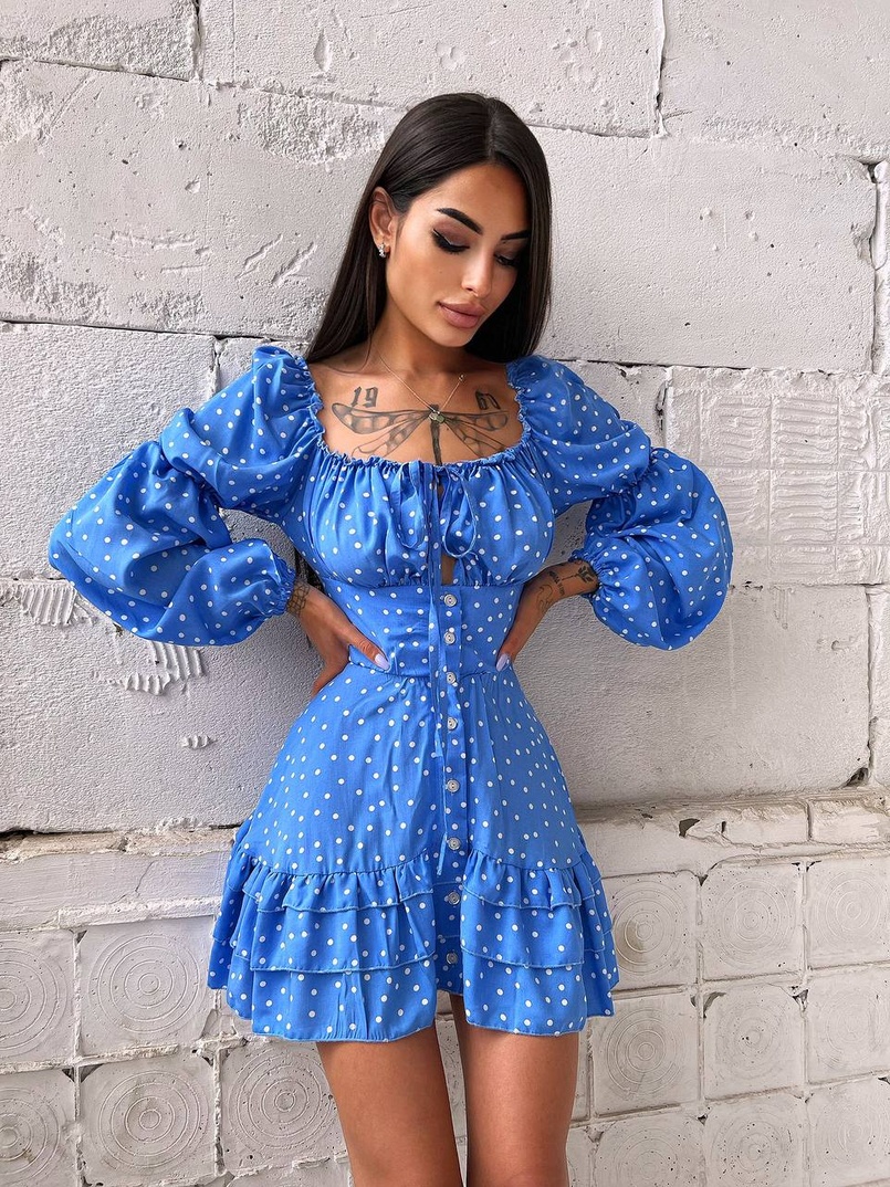 Сукня в горошок на ґудзиках з воланами  | PUSHKA SHOP