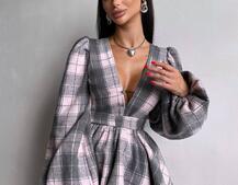 Сукня з подвійною спідницею та обʼємними рукавами у клітинку  Сукня з подвійною спідницею та обʼємними рукавами у клітинку  | PUSHKA SHOP