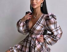 Сукня з подвійною спідницею та обʼємними рукавами у клітинку  Сукня з подвійною спідницею та обʼємними рукавами у клітинку  | PUSHKA SHOP