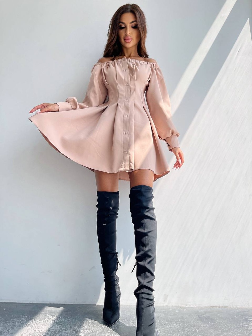 Приталена сукня-сорочка на плічках з корсетом з еко-шкіри | PUSHKA SHOP