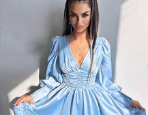 Атласна сукня з пишною подвійною спідницею та об‘ємними рукавами | PUSHKA SHOP