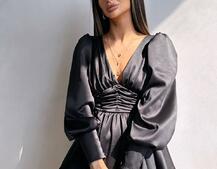 Атласна сукня з пишною подвійною спідницею та об‘ємними рукавами | PUSHKA SHOP