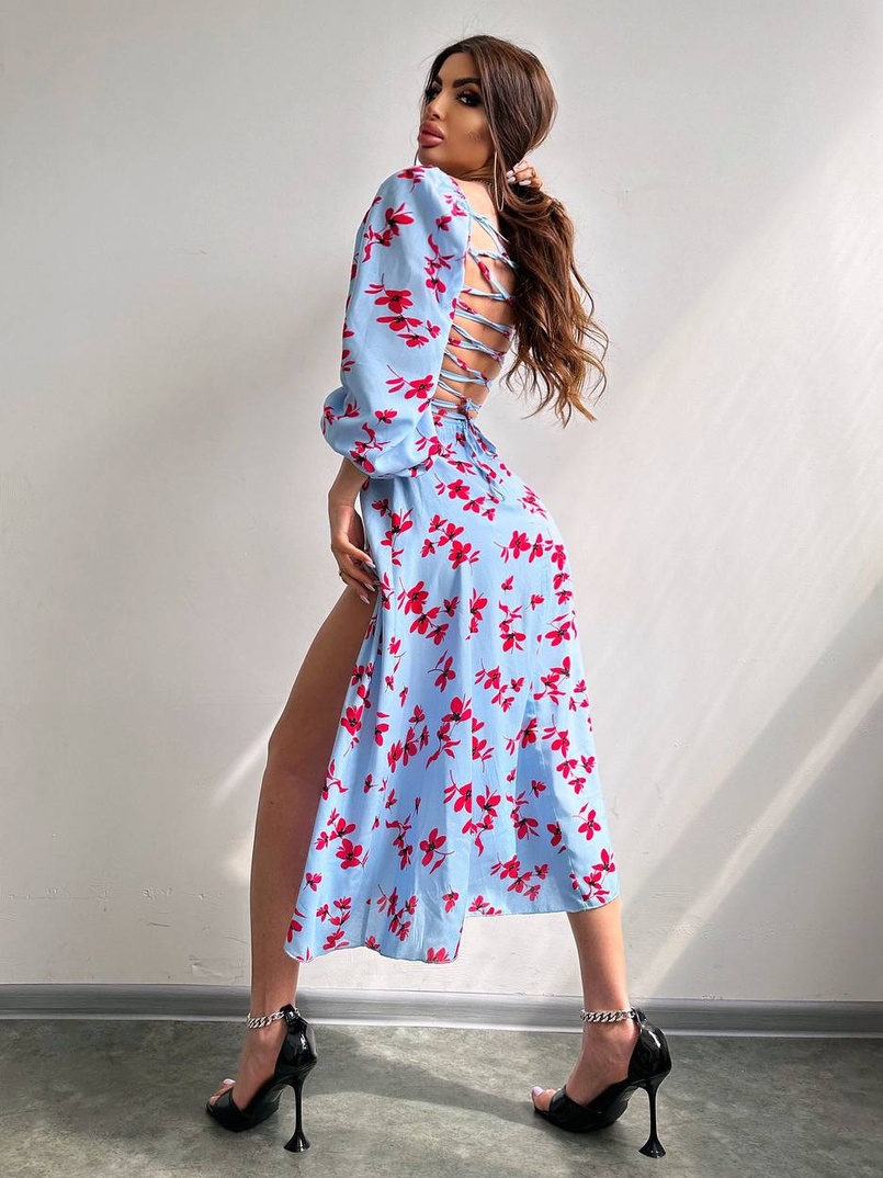 Сукня -міді зі шнурівкою на спинці та розрізом на ніжці Сукня -міді зі шнурівкою на спинці та розрізом на ніжці | PUSHKA SHOP