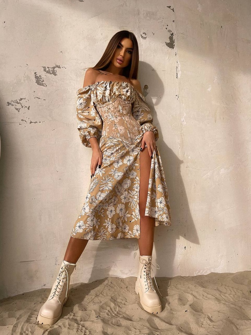 Сукня міді з розрізом в квітковий принт + прозорий корсет  | PUSHKA SHOP