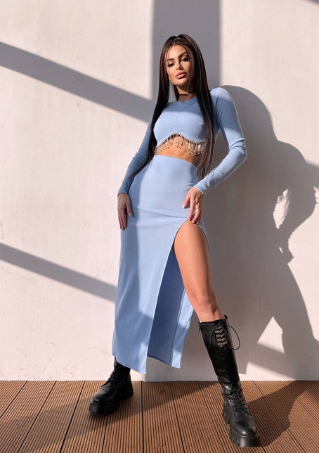 Комплект: спідниця з розрізом + топ, декорований бахромой зі страз | PUSHKA SHOP