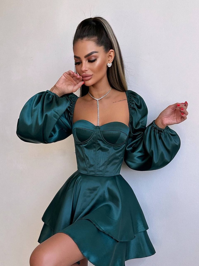 Атласна корсетна сукня бюстьє з пишною подвійною спідницею та об‘ємними рукавами | PUSHKA SHOP