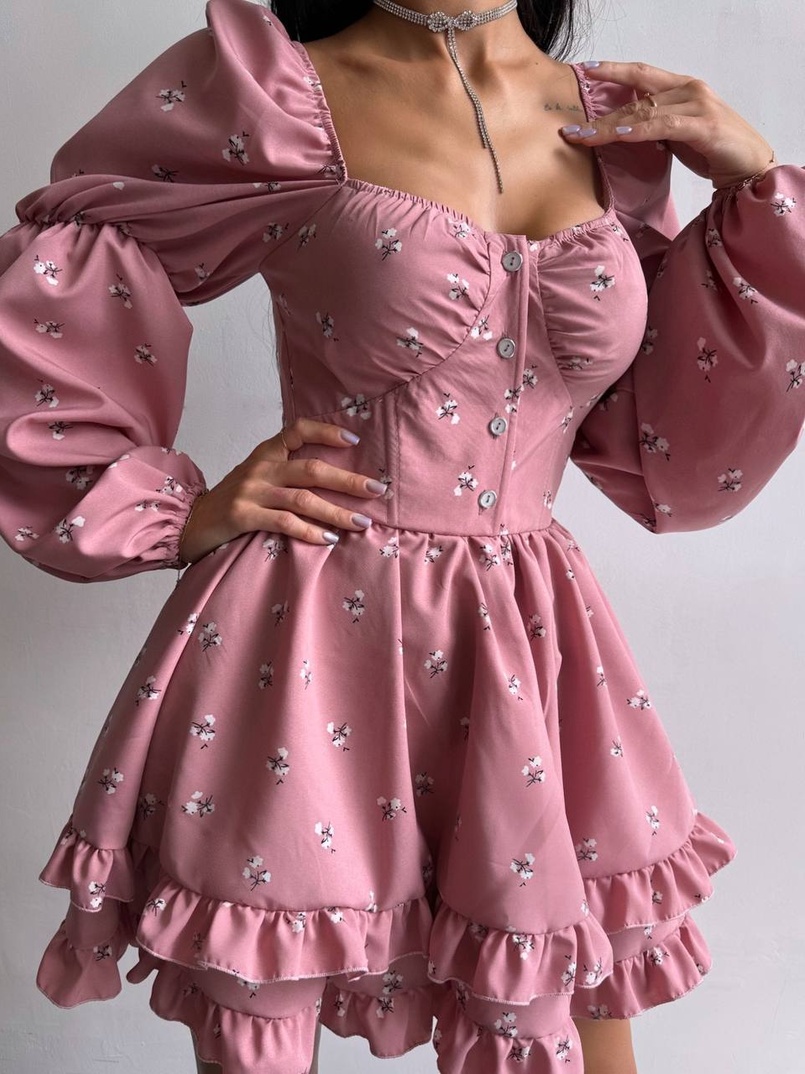 Сукня з квітковим принтом з воланами на ґудзиках  | PUSHKA SHOP