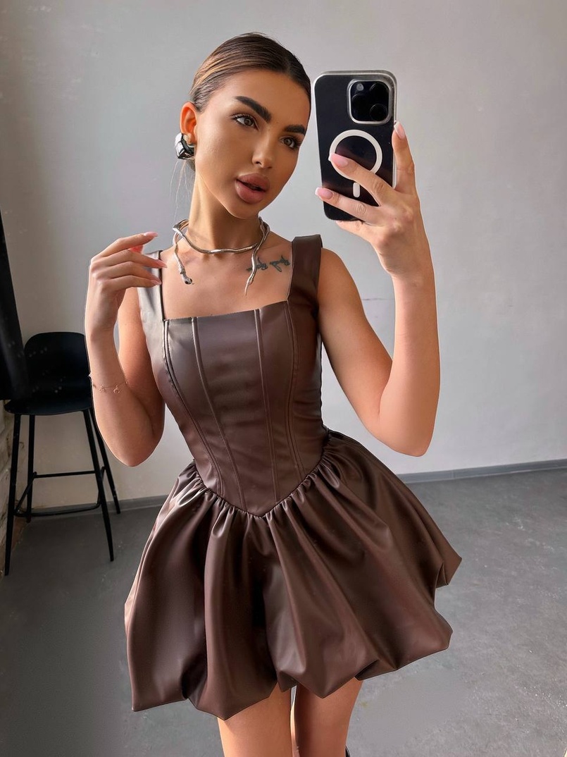 Корсетна сукня з еко-шкіри зі спідницею-балоном | PUSHKA SHOP