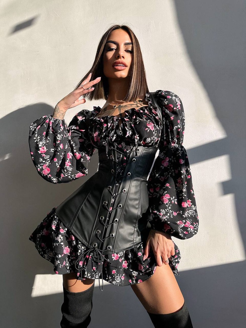 Комплект: сукня з квітковим принтом + корсет з еко-шкіри   | PUSHKA SHOP