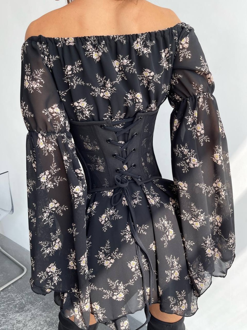 Шифонова сукня на підкладці з розкльошеними рукавами з асиметричною спідницею + корсет декорований стразами  Шифонова сукня на підкладці з розкльошеними рукавами з асиметричною спідницею + корсет декорований стразами  | PUSHKA SHOP