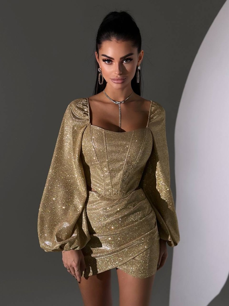 Сяючий комплект: корсет + спідниця міні з драпіруванням Сяючий комплект: корсет + спідниця міні з драпіруванням | PUSHKA SHOP