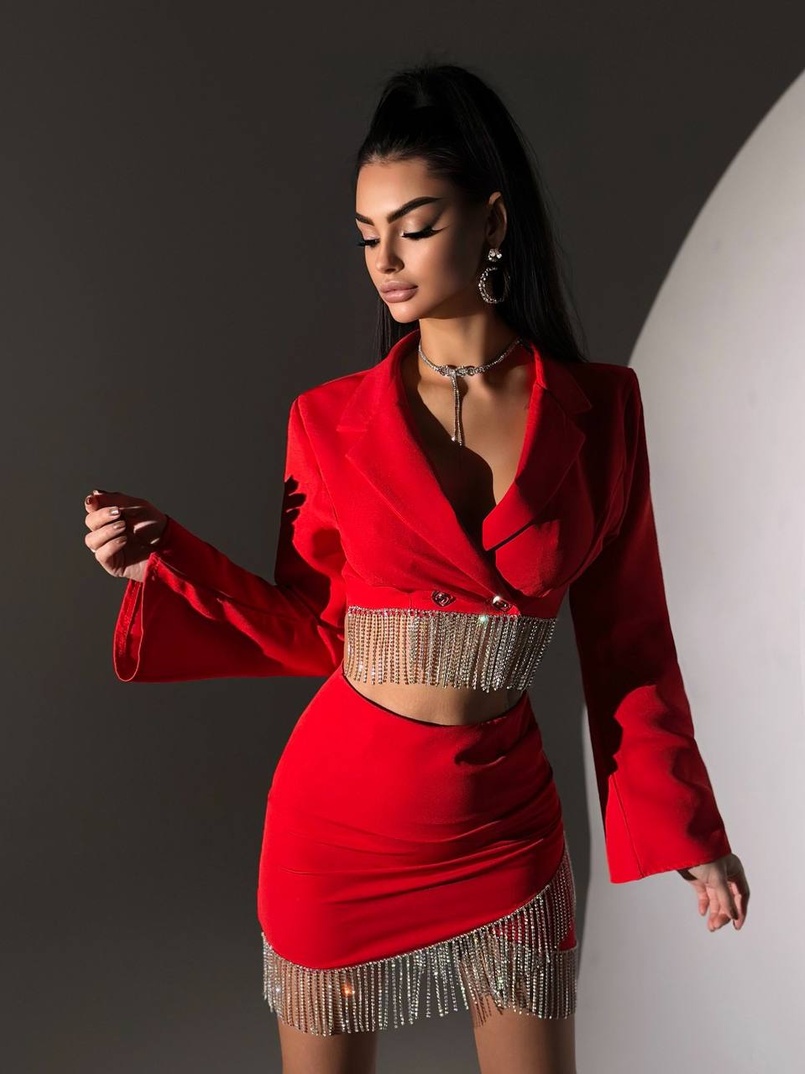 Комплект декорований бахромою із стразами: піджак + спідниця  | PUSHKA SHOP