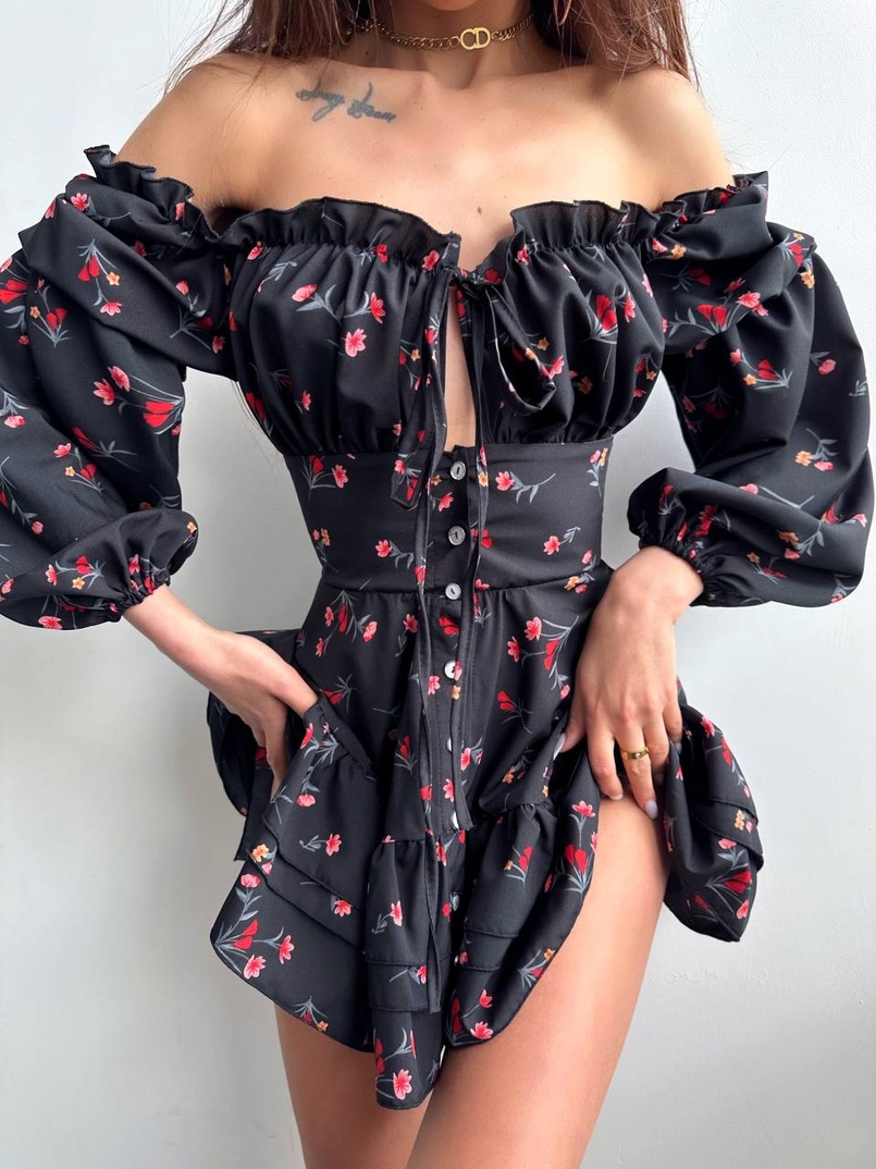 Сукня з квітковим принтом з воланами на ґудзиках  Сукня з квітковим принтом з воланами на ґудзиках  | PUSHKA SHOP