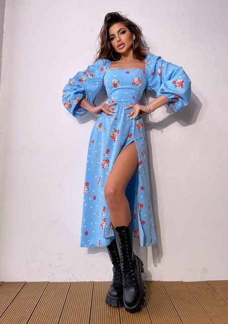 Квіткова сукня-міді зі шнурівкою на спинці та розрізом на ніжці | PUSHKA SHOP