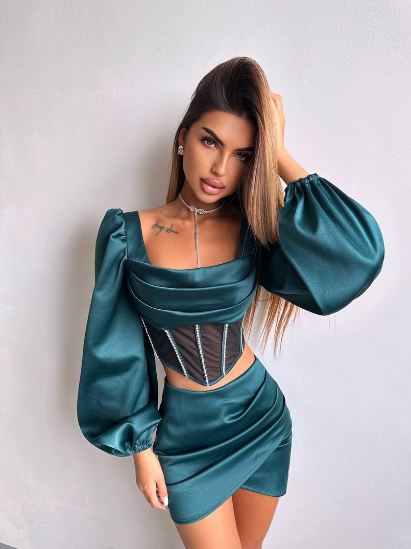 Комплект: корсет, декорований стразами   + спідниця міні з драпіруванням  Комплект: корсет, декорований стразами   + спідниця міні з драпіруванням  | PUSHKA SHOP