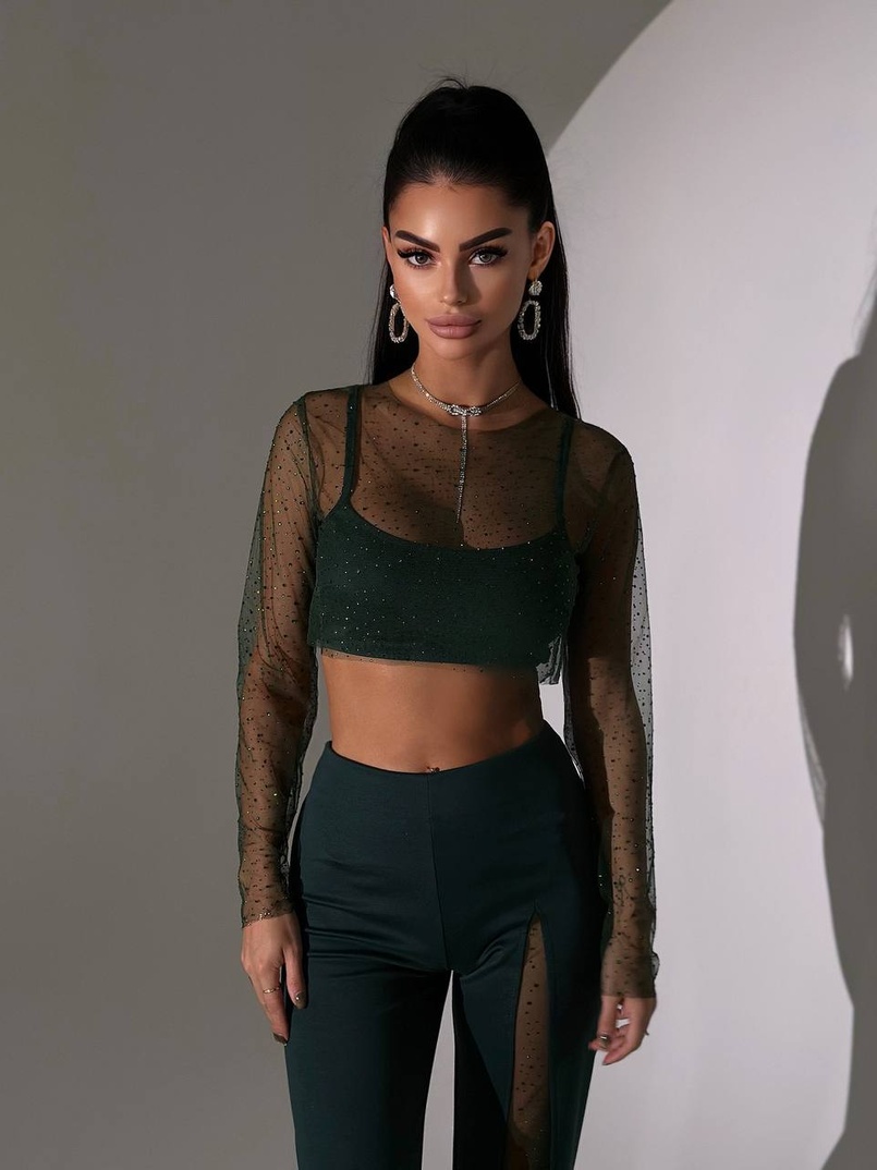 Комплект: топ + штани із сіткою зі стразами  Комплект: топ + штани із сіткою зі стразами  | PUSHKA SHOP