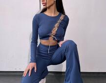 Комплект : штани кльош і топ декорований шнурком зі стразами  Комплект : штани кльош і топ декорований шнурком зі стразами  | PUSHKA SHOP