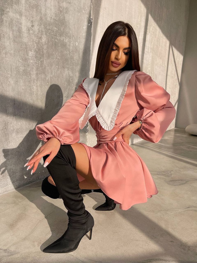 Сукня з коміром та об'ємними рукавами з широким поясом | PUSHKA SHOP