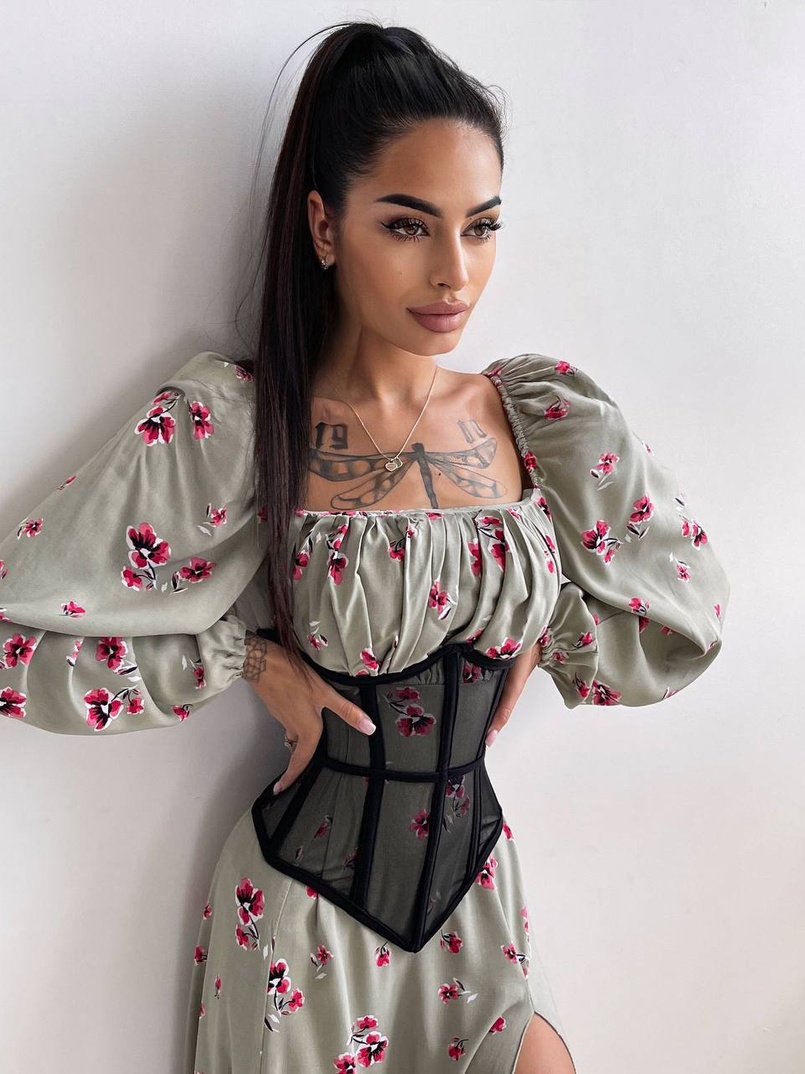 Сукня міді з розрізом в квітковий принт + прозорий корсет  | PUSHKA SHOP