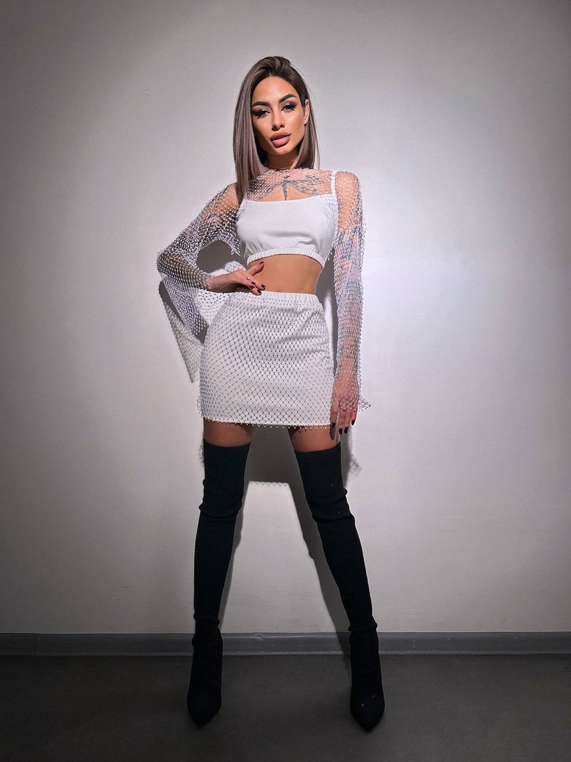Комплект: топ + спідниця із сіткою зі стразами  Комплект: топ + спідниця із сіткою зі стразами  | PUSHKA SHOP